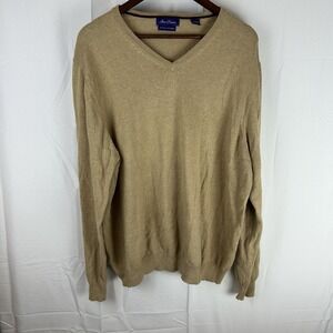 Alan Flusser Men's V Neck Tan‎ Pullover 92% Cotton 8% Cashmere Sweater XL